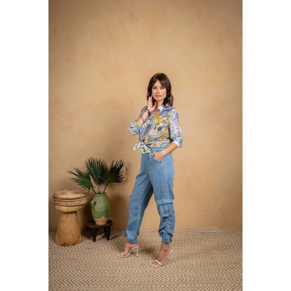 NEW PAPARAZZI voile mix print button front shirt in blue combo